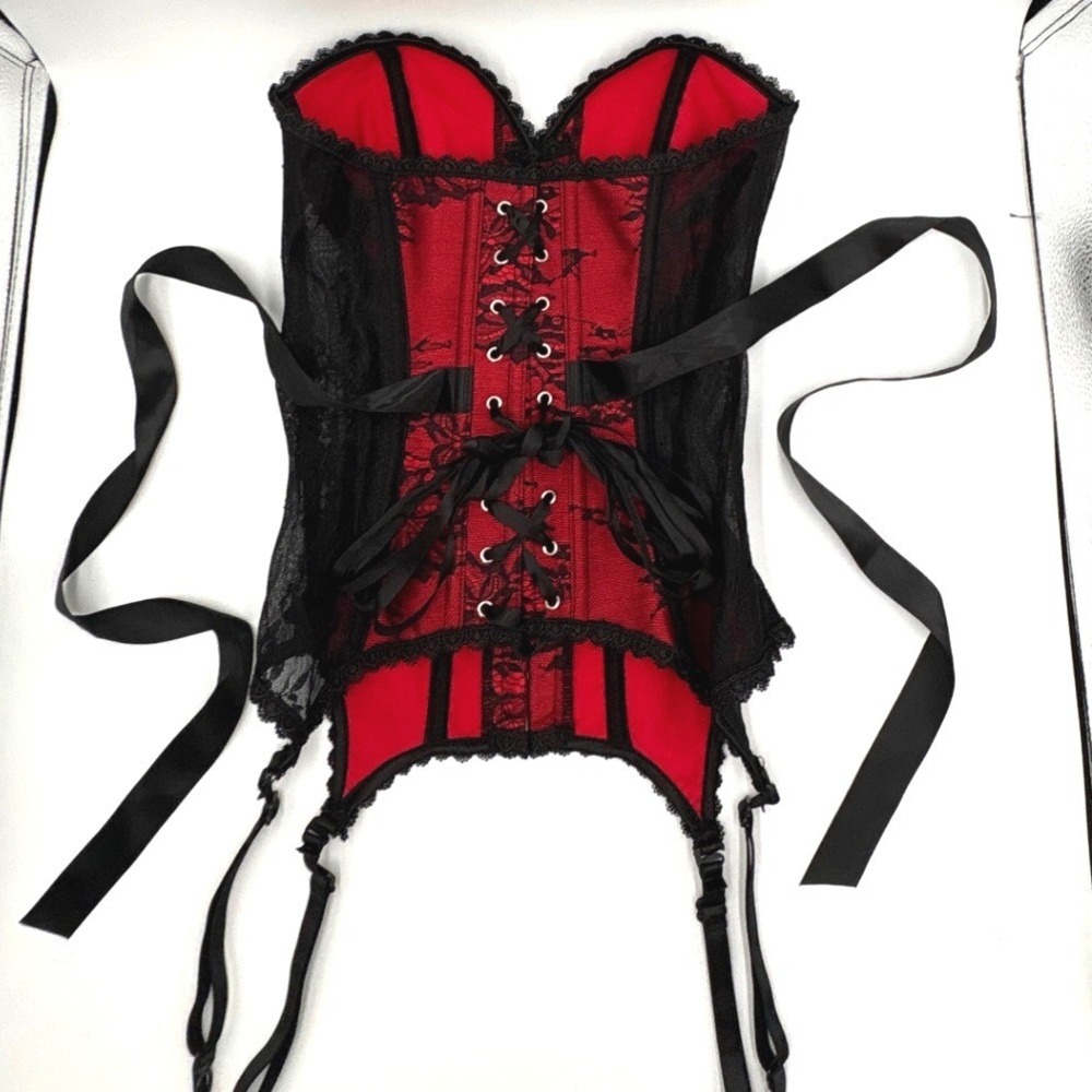 Adore Me Red Black Lace Garter Corset Sweetheart Busk Front XS LIN-CO-09771-COR View 5